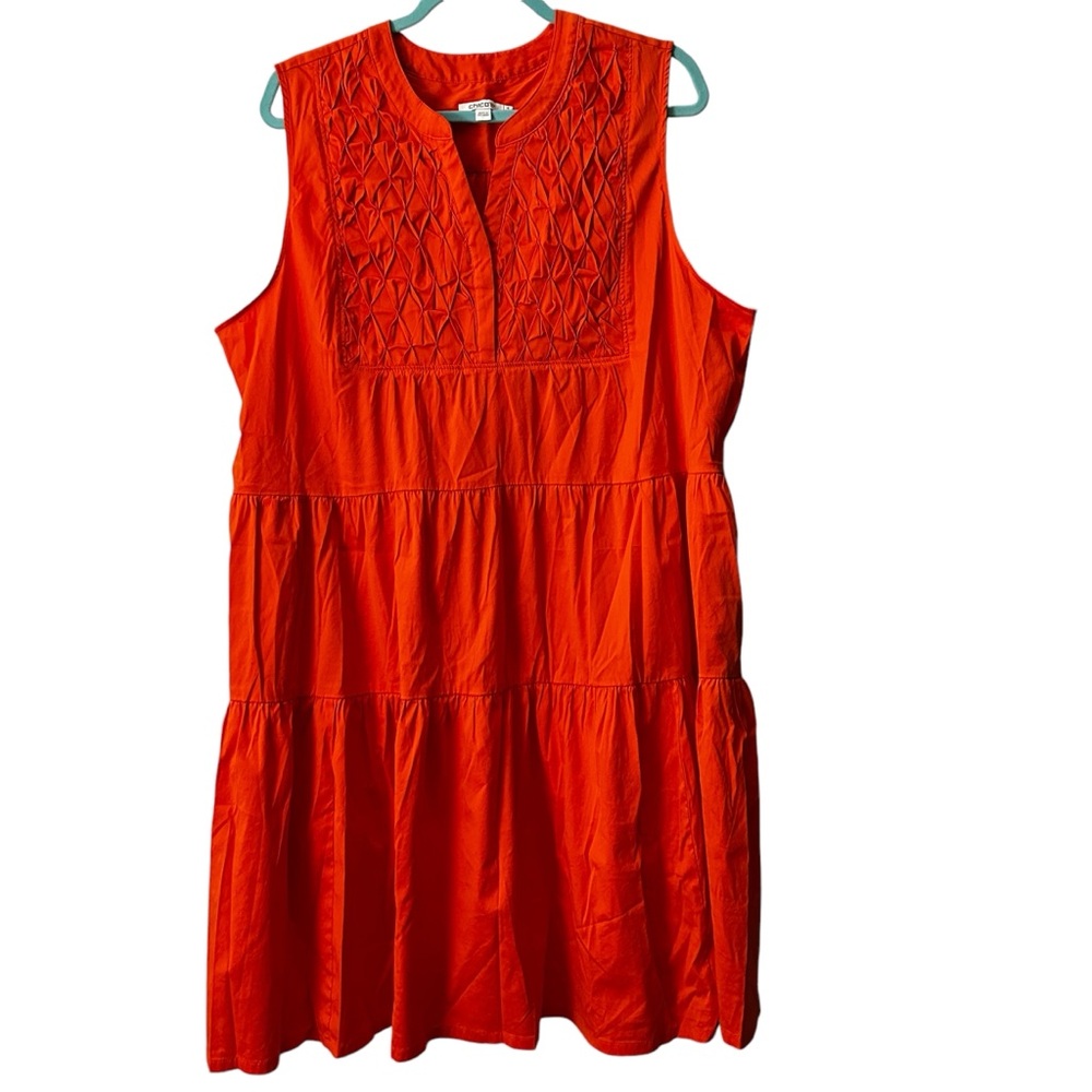 Chico’s Poplin Smocked Midi Dress, Orange Tiered Style. Plus size 4, 20/22